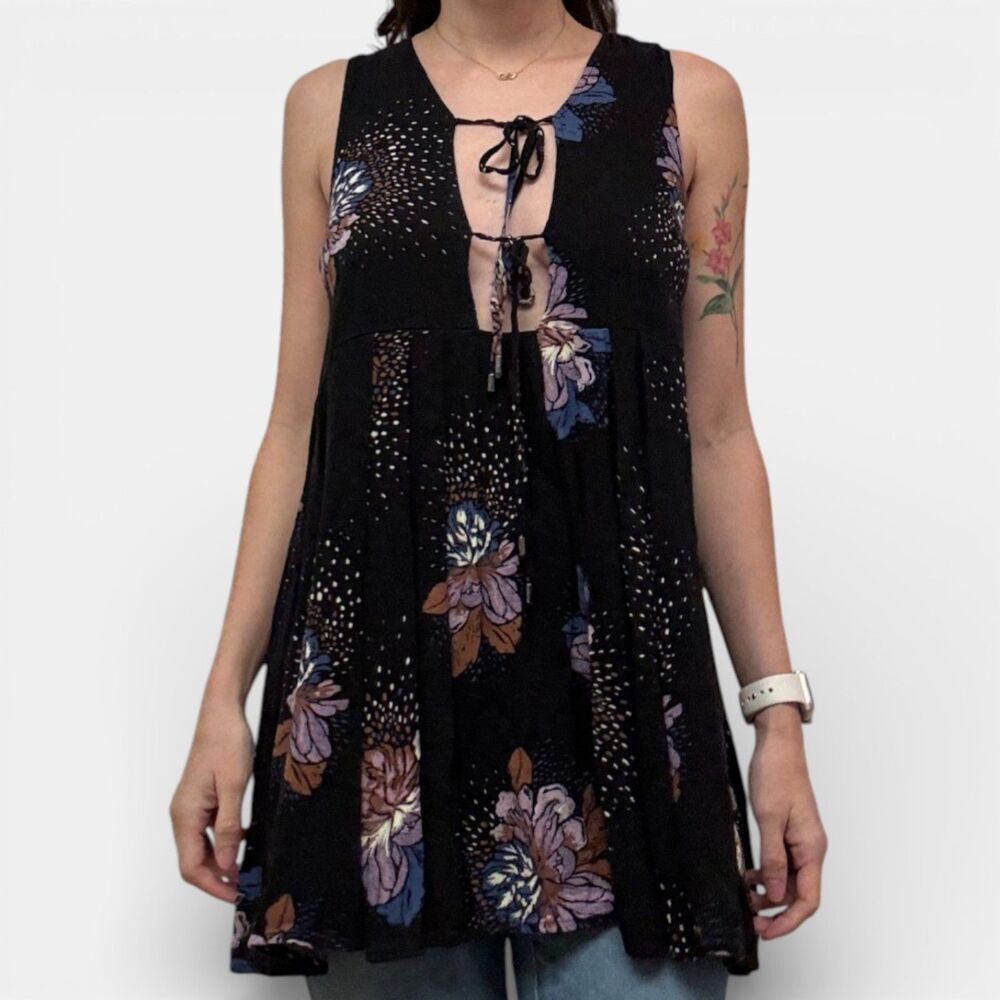 Free People Whimsigoth Boho Romantic Lovely Day Black Floral Print Tunic Dress S